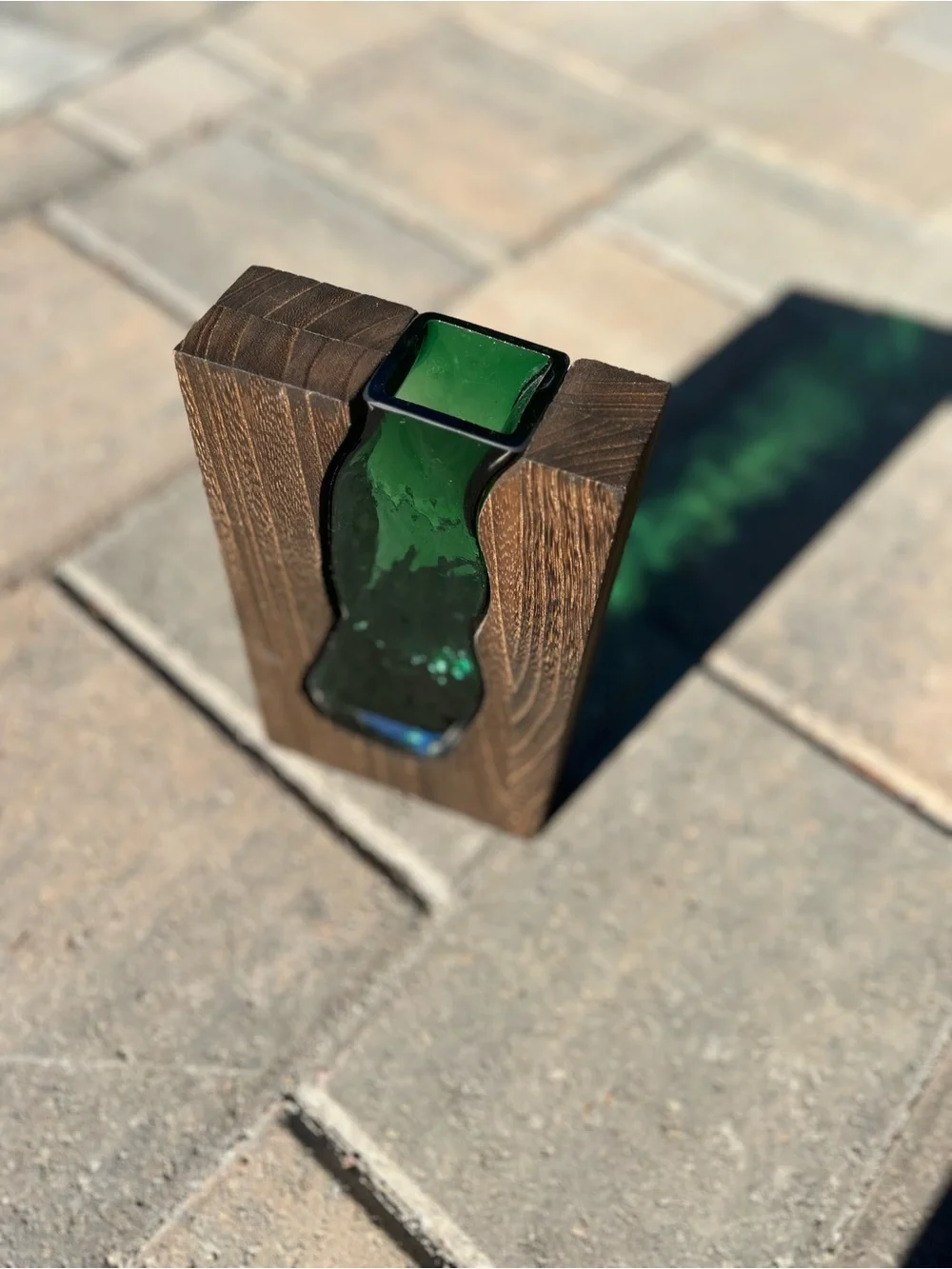 Modern Wooden Bud Vase with Emerald Green Glass Insert | Mid-Century Style Wood